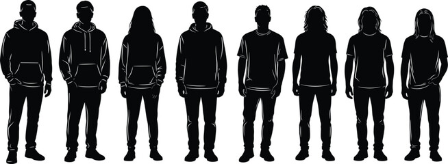 Male and female standing silhouettes, casual hoodie and t-shirt outfits, diverse human figures, isolated black vector people illustration, modern design element