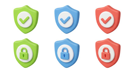 Colorful Security Shields with Checkmarks and Locks Representing Different Safety Levels