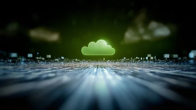 Cloud Computing: A striking visual of cloud computing, showcasing a luminous cloud symbol hovering over a network of data streams, symbolizing data storage and technology.