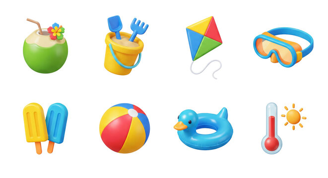 Cheerful summertime vacation collection of 3D beach icons isolated on transparent backdrop