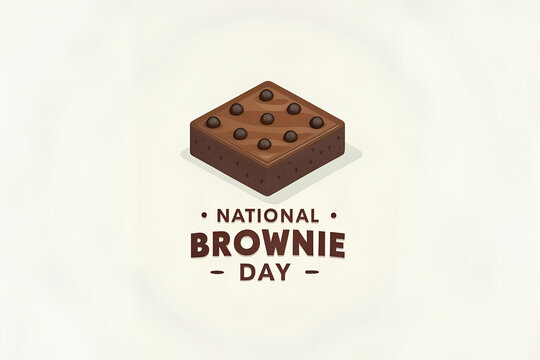 Stylized brownie illustration with chocolate chips and bold National Brownie Day text on neutral background generative ai