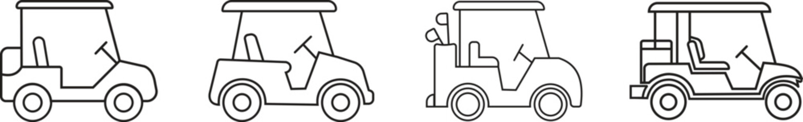 Golf carts outline styles icons set isolated on transparent background, electric transport vehicle collection, side view vector illustrations, isolated simple flat design.