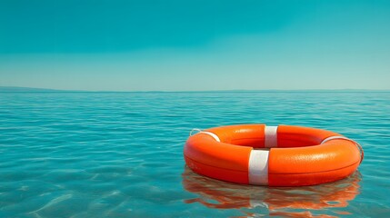 Bright orange life preserver floats peacefully on clear blue ocean water under a bright sky