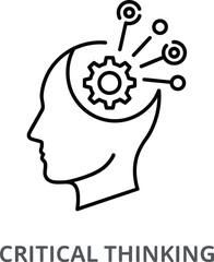Critical thinking process icon with human head and gear illustration, representing problem-solving, intelligence, and cognitive development concepts.