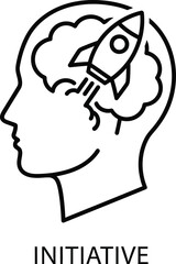 Head profile icon with rocket launching from brain, symbolizing initiative, innovation, business startup, creative thinking, and new ideas.