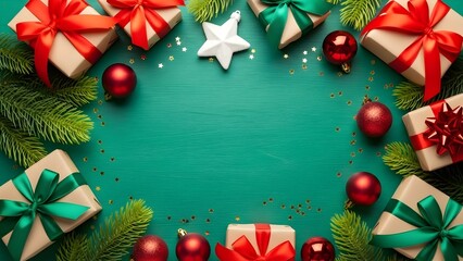 Christmas gifts, baubles, star and pine branches on a teal background.
