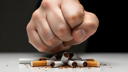 Hand crushing cigarettes, stop smoking concept, anti-tobacco campaign