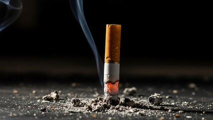 Burning cigarette with smoke and ash on a dark background