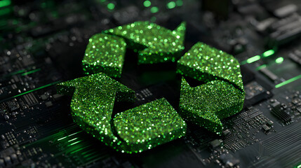 Green glitter recycling symbol on circuit board