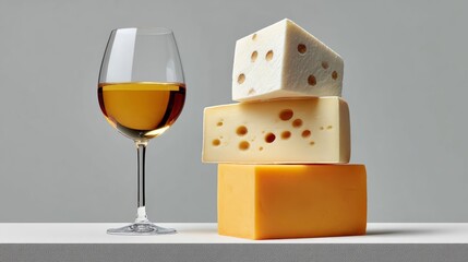 Glass of golden wine beside three stacked cheese blocks, showcasing a variety of textures and colors, creating an inviting atmosphere for culinary enthusiasts and food lovers