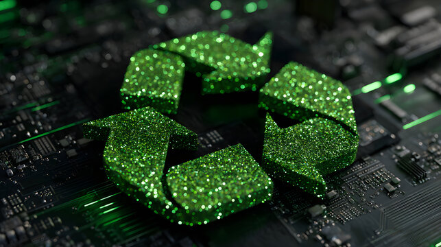 Green glitter recycling symbol on circuit board - Powered by Adobe