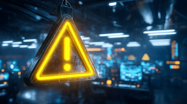 Glowing warning sign indicating system alert in futuristic control room