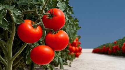 Vibrant red tomatoes hanging on lush green vines in a sunlit field, showcasing the beauty of agriculture and the freshness of organic produce in a natural setting