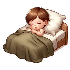 Sleeping child in wooden bed with green blanket, Soft cartoon illustration