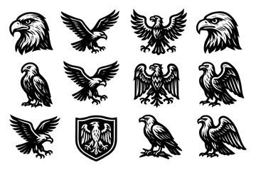 Obraz premium Majestic eagle icons with tribal and heraldic motifs in black and white