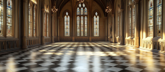 Sunlight streaming through gothic cathedral windows onto a checkerboard floor