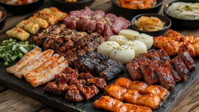 A platter of meat and vegetables served on a wooden table