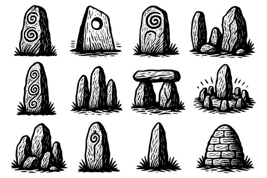 Hand drawn ancient monoliths and stone structures with engravings