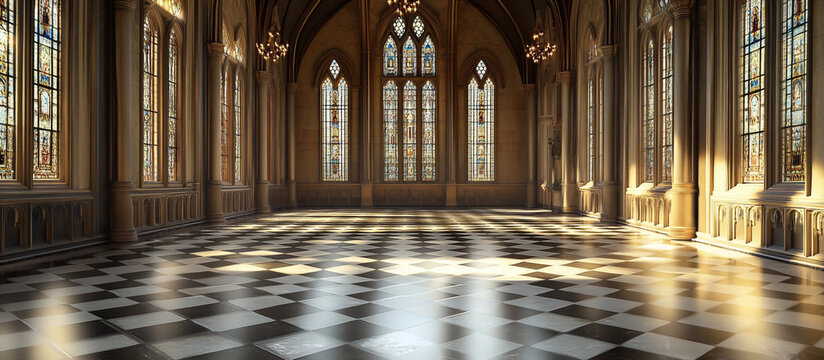 Sunlight streaming through gothic cathedral windows onto a checkerboard floor