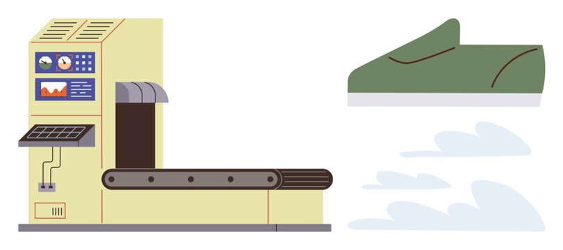 Automated machine with conveyor belt beside a green sneaker outline. Ideal for footwear production, automation, technology, industry, manufacturing, innovation, sustainability. Simple flat metaphor