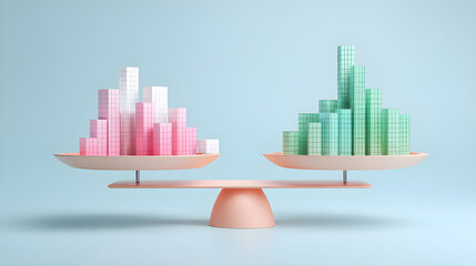 Data bar charts balancing on scales showing comparison