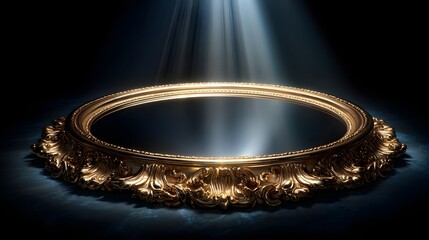 Ornate oval golden frame rests upon a dark surface illuminated by dramatic spotlight beams