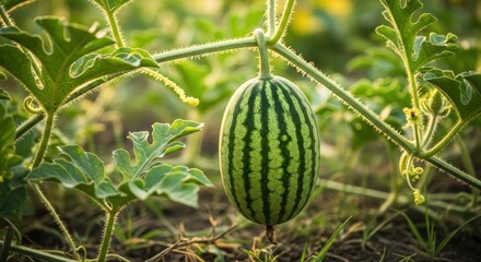 Small striped watermelon hanging from its vine in sunny garden