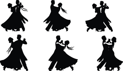 Elegant Ballroom Dance Couple Silhouette Vector Set, Dancing Man and Woman in Formal Attire, Romantic Waltz, Tango, and Foxtrot Movement Illustrations, Classic Black Graphic.