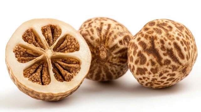 Close-up of nutmeg cut in half, perfect for food photography or recipes