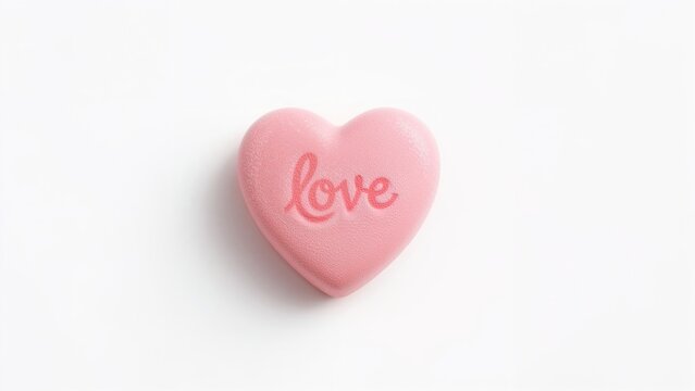 Pink heart-shaped object with the word "love" inscribed on it.