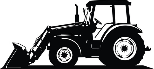 Farm Tractor Front Loader Silhouette Cad Drawing Flat Vector Illustration Black and White Agricultural Machinery Heavy Equipment Industrial Vehicle Icon Design Element Graphic.