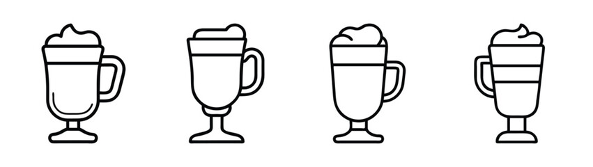 Vector illustration of coffee drinks latte macchiato with cream in glass cups outline style