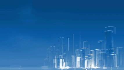 Abstract 3D animation of a futuristic city skyline blueprint sketching on a blue background representing architecture real estate and urban business development - Powered by Adobe