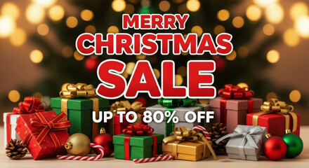 Merry christmas sale banner, festive gifts, bokeh tree lights