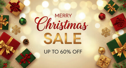 Merry christmas sale banner with holiday gifts and decorations
