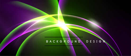 Abstract vibrant design features glowing curves, radiating light. Green, purple hues dominate dark background. Text reads background design.