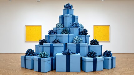 Stacked blue gift boxes with decorative bows arranged in a modern art gallery, creating a festive atmosphere with vibrant yellow artwork in the background, symbolizing celebration and joy
