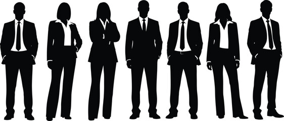 Professional business people silhouettes, men and women in formal office suits, corporate team vector illustration, black design for presentations