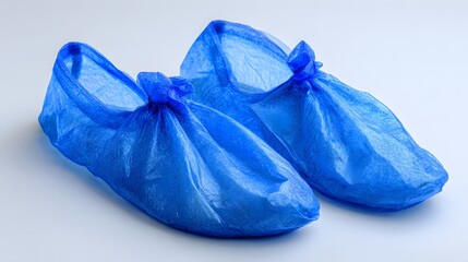 Fototapeta premium Pair of disposable protective blue booties rests on a light surface