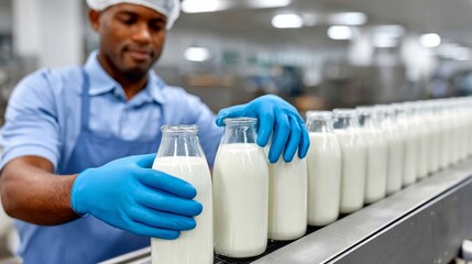 Male worker in blue gloves carefully arranging glass bottles filled with fresh milk on a production line in a dairy processing facility, showcasing quality control and efficiency in food production