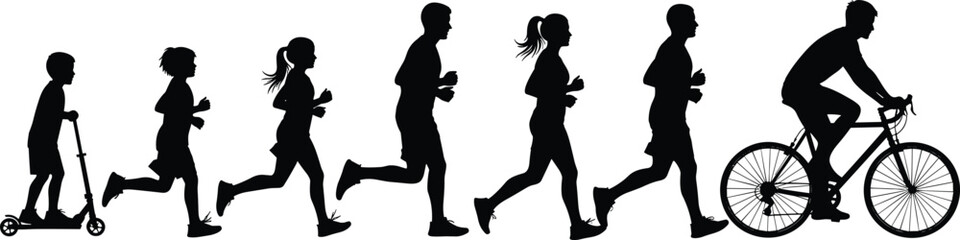 Silhouette vector illustration of people running, cycling, and riding scooter, family outdoor exercise, fitness lifestyle activity concept design
