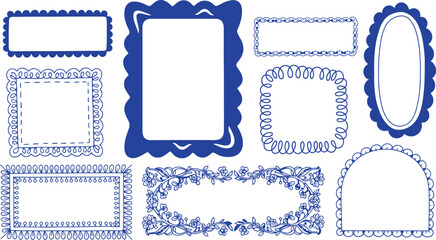 Diverse collection of elegant decorative frames and ornate borders, featuring intricate blue outlines and vintage-inspired designs for various graphic and creative projects