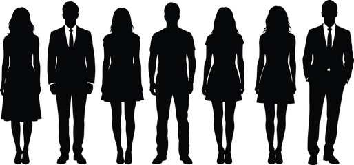 Silhouettes of men and women in formal and casual outfits, black vector illustration design for fashion, business, and lifestyle concepts