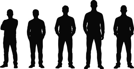 Standing male silhouettes collection, group of men in casual outfit, black human figure vector illustration, modern people design element