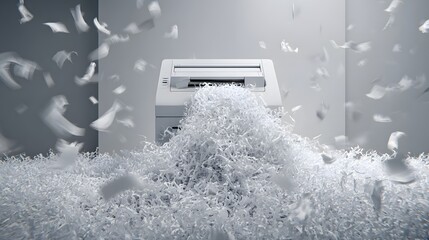Office machine processes documents into a large pile of shredded material surrounded by floating paper pieces