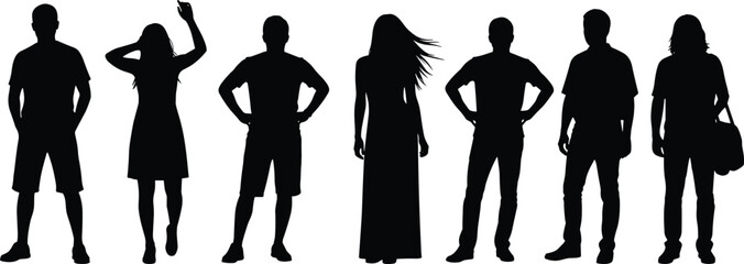 Stylish people silhouettes collection, men and women standing in casual summer outfits, black vector illustration design for creative artwork use