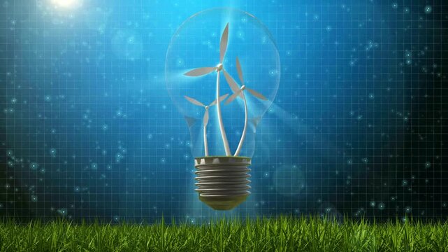 Conceptual 3D animation of wind turbines spinning inside a lightbulb over green grass and blue digital grid representing renewable energy innovation and sustainability - Powered by Adobe
