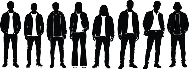 Urban casual people silhouette vector illustration, group of men and women in modern streetwear fashion, trendy lifestyle design
