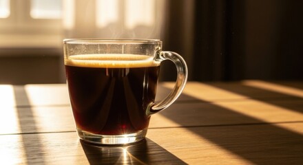 Warm morning coffee steaming in a glass mug