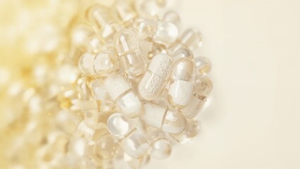 Collection of pills and capsules with white and transparent design, assorted sizes, and textures. Medical supplies and pharmaceutical medications. The concept of medicine and healthcare.